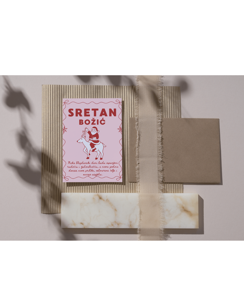 Digitalna božićna čestitka s retro motivom Djeda Mraza na jelenu i natpisom Sretan Božić