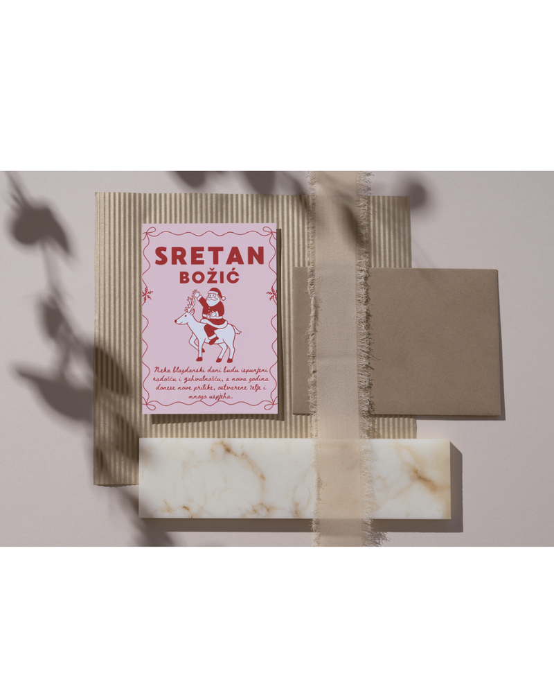 Digitalna božićna čestitka s retro motivom Djeda Mraza na jelenu i natpisom Sretan Božić